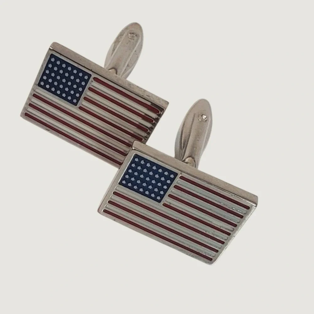 Mens American Flag Cufflinks Silver Tone Red White Blue Enamel Patriotic USA